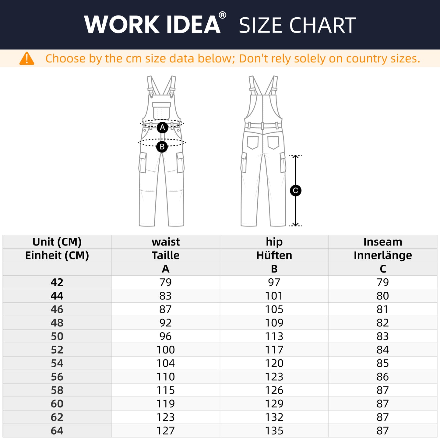 WORK IDEA Mens Work Dungarees with Good Stretch, Many Pockets and Partial Use of Cordura Fabric for Increased Abrasion Resistance, Suitable for Various Work Environments