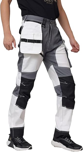 WORK IDEA Men's Work Trousers, Trousers with Multifunctional Pockets, Trousers with Removable Flight Pockets, Oxford Knee Pockets, Cotton Stretch Trousers