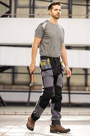 WORK IDEA Men's Work Trousers, Trousers with Multifunctional Pockets, Trousers with Removable Flight Pockets, Oxford Knee Pockets, Cotton Stretch Trousers