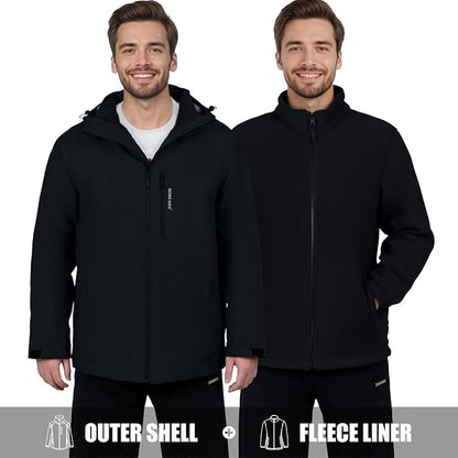 WORK IDEA Men's 3-in-1 Waterproof Breathable Windproof Jacket with Hood and Fleece Inner Jacket - Functional Jacket for Hiking, Cycling, Camping and Outdoor Activities