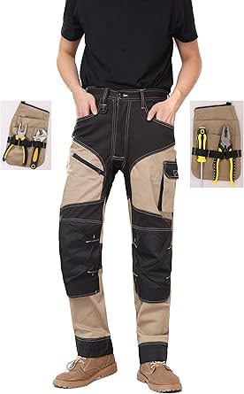 WORK IDEA Men's Work Trousers, Trousers with Multifunctional Pockets, Trousers with Removable Flight Pockets, Oxford Knee Pockets, Cotton Stretch Trousers