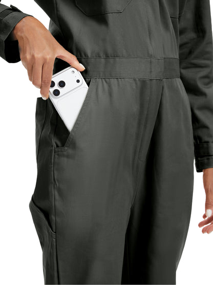 Combinaison de travail à manches longues pour femme WORK IDEA - 100 % coton, poche utilitaire et poches à rabat avec crochet. 