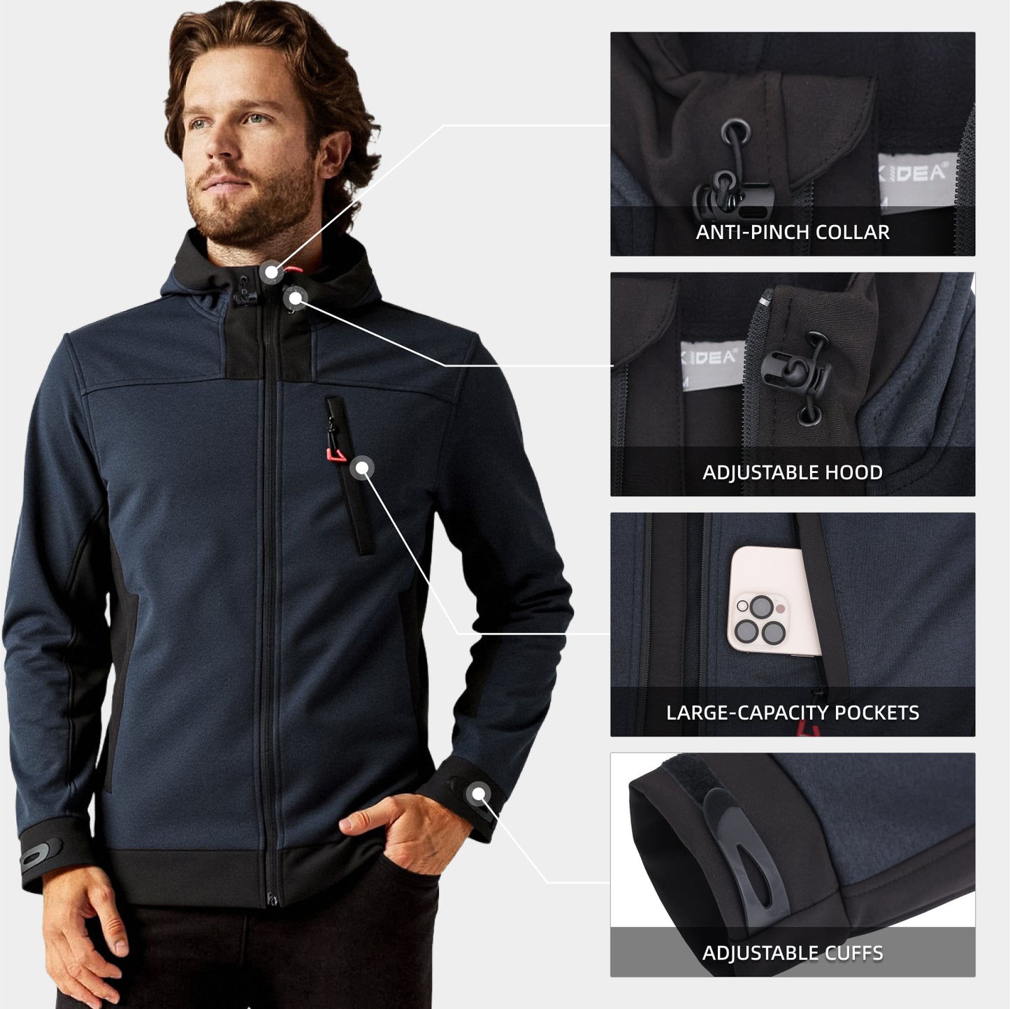 WORK IDEA Men's Fleece Jacket, Warm Soft Outdoor Jacket with Zip, Breathable, Lightweight, Cold Insulating