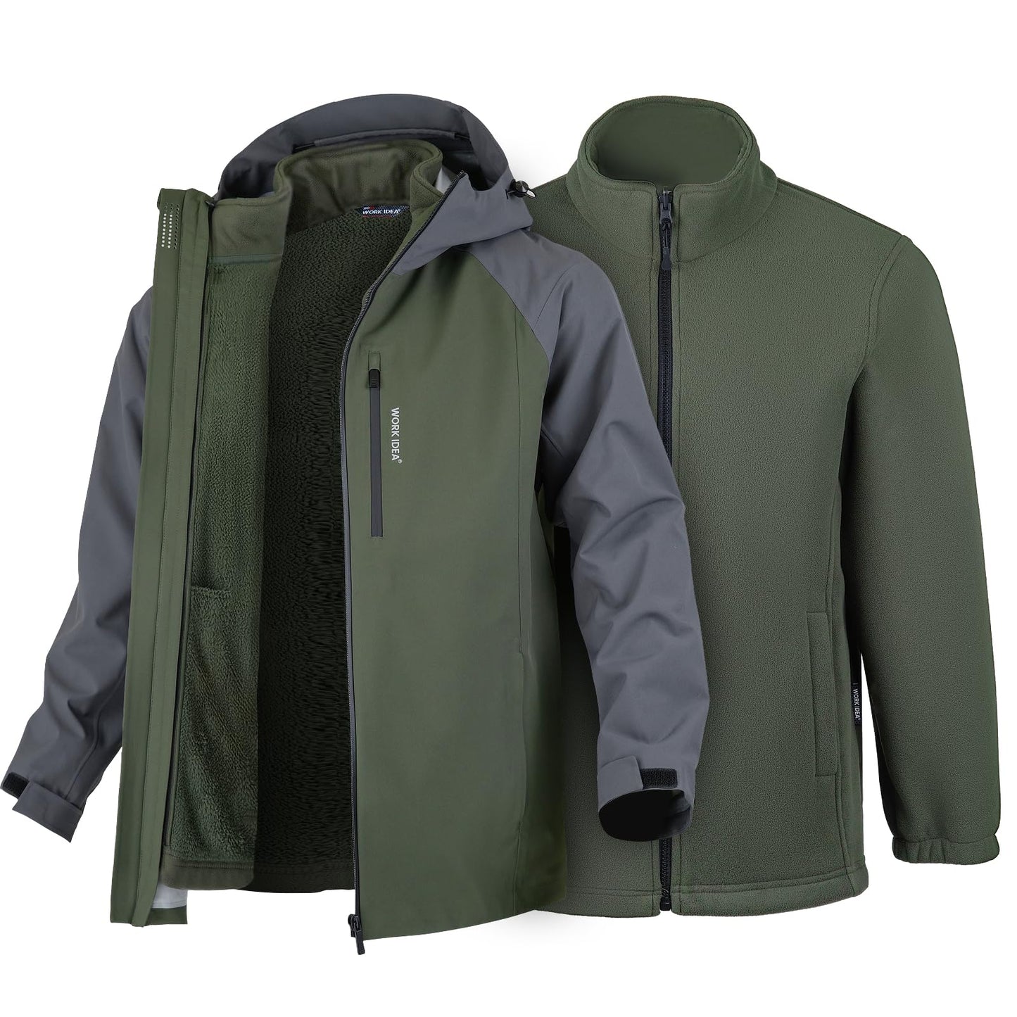 WORK IDEA Men's 3-in-1 Waterproof Breathable Windproof Jacket with Hood and Fleece Inner Jacket - Functional Jacket for Hiking, Cycling, Camping and Outdoor Activities