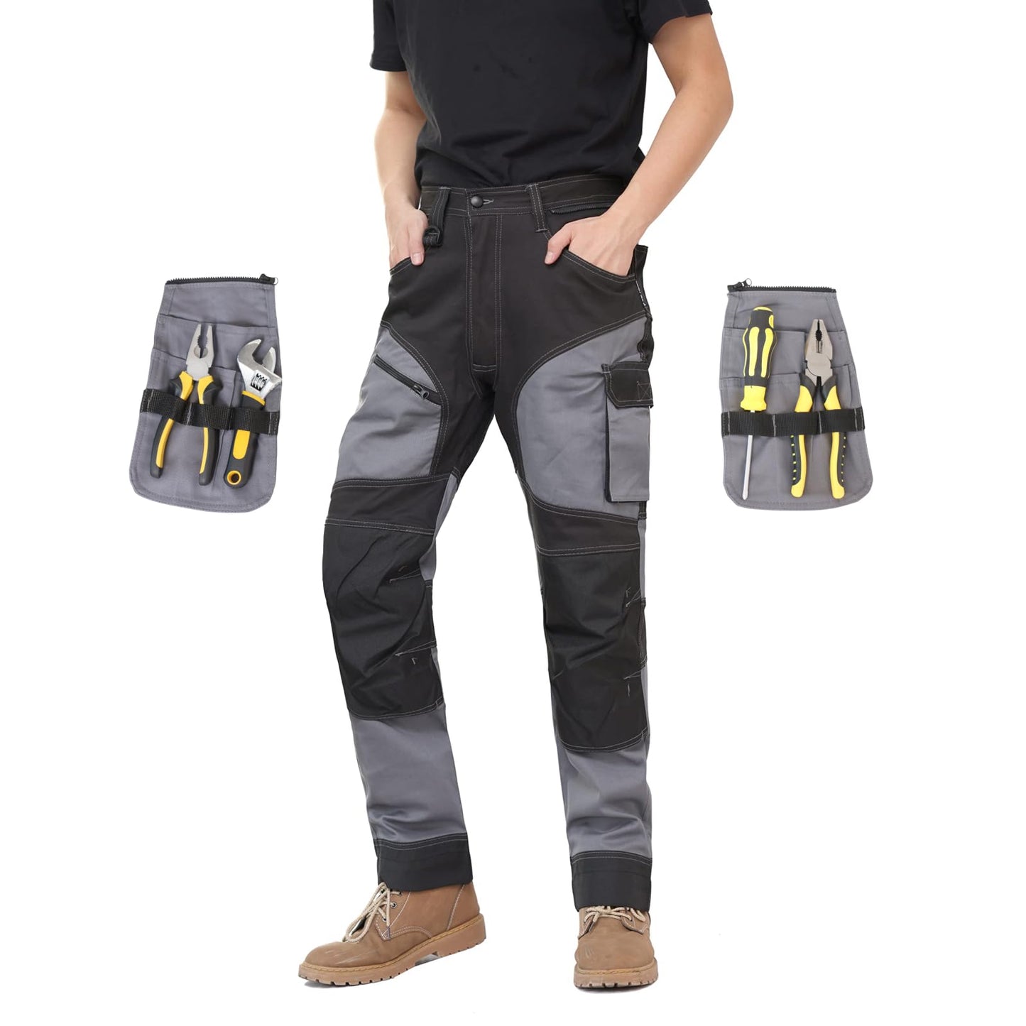 WORK IDEA Men's Work Trousers, Trousers with Multifunctional Pockets, Trousers with Removable Flight Pockets, Oxford Knee Pockets, Cotton Stretch Trousers
